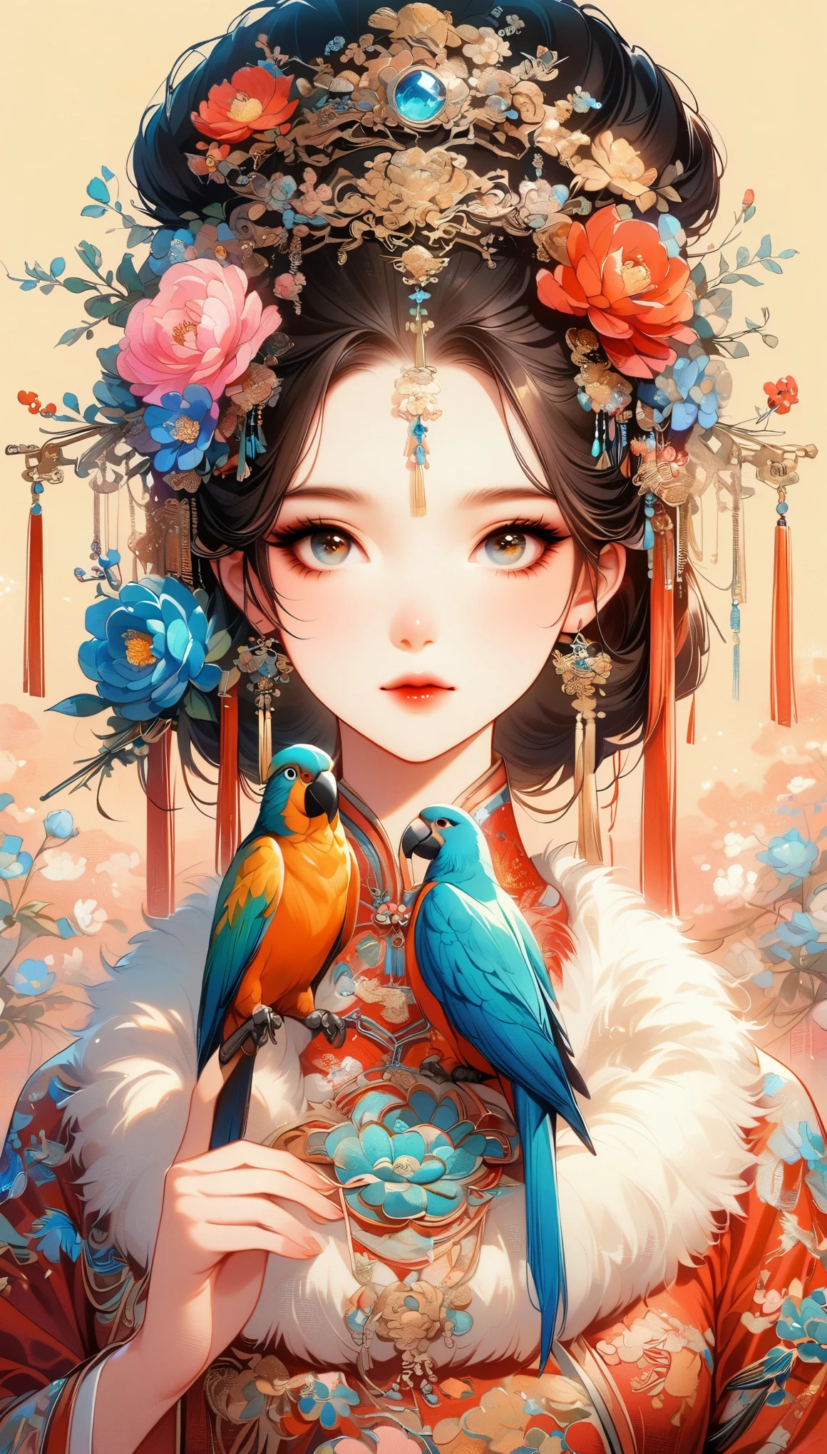 A beautiful young woman in traditional Chinese attire, surrounded by a lush garden. She is holding a parrot on her finger, gazing at it with gentle eyes. The woman's hair is styled in an elaborate updo adorned with flowers and traditional ornaments. Her dress is elegant, featuring fine silk with floral embroidery. The garden is in full bloom, with peonies and other flowers providing a backdrop. The scene captures the serenity and beauty of classical Chinese art, with a touch of nature harmony, (((Ultra-high saturation, high natural saturation, extremely bright colors)))