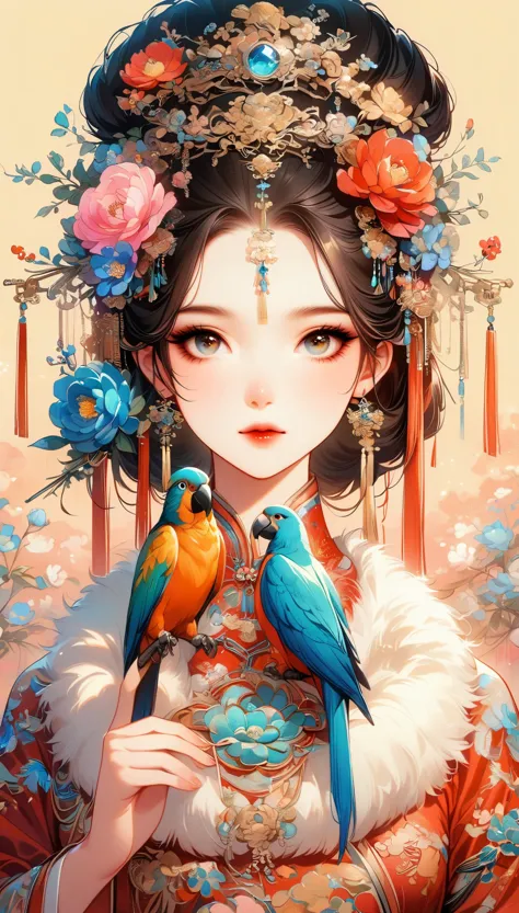 a beautiful young woman in traditional chinese attire, surrounded by a lush garden. she is holding a parrot on her finger, gazin...