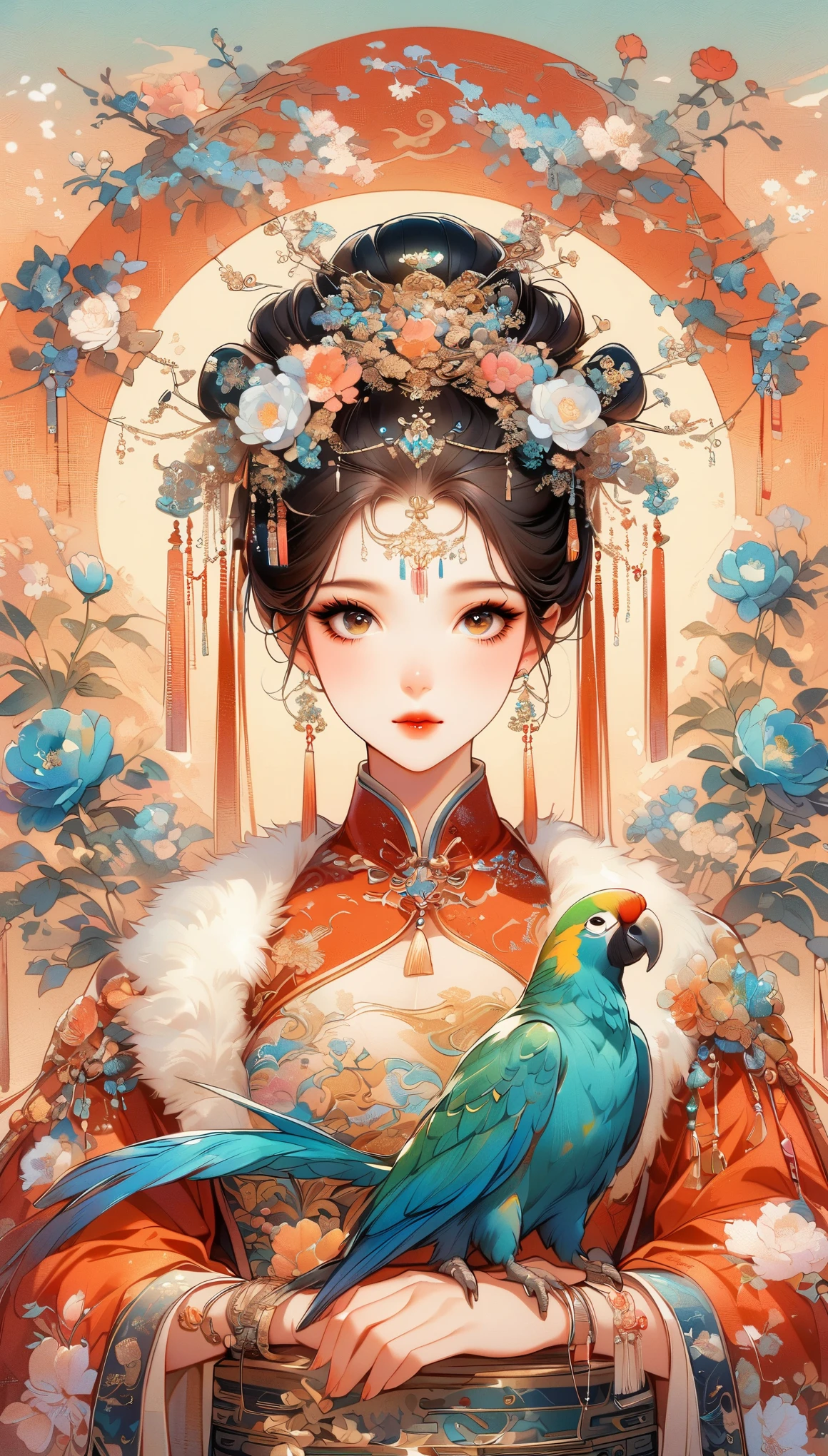 A beautiful young woman in traditional Chinese attire, surrounded by a lush garden. She is holding a parrot on her finger, gazing at it with gentle eyes. The woman's hair is styled in an elaborate updo adorned with flowers and traditional ornaments. Her dress is elegant, featuring fine silk with floral embroidery. The garden is in full bloom, with peonies and other flowers providing a backdrop. The scene captures the serenity and beauty of classical Chinese art, with a touch of nature harmony, (((Ultra-high saturation, high natural saturation, extremely bright colors)))