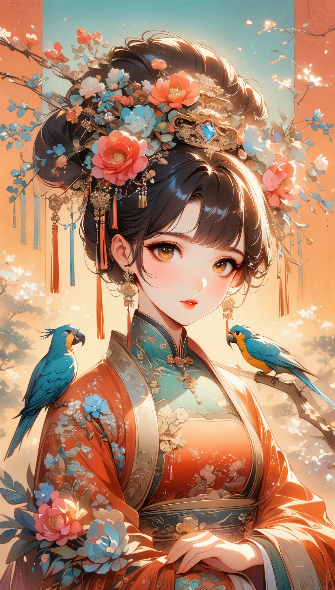 중국 전통 의상을 입은 아름다운 젊은 여성, 무성한 정원으로 둘러싸인. 그녀는 손가락에 앵무새를 쥐고 있다, 온화한 눈으로 그것을 바라보고 있다. 여자의 머리는 꽃과 전통 장신구로 장식된 정교한 업두 스타일입니다.. 그녀의 드레스는 우아하다, 꽃무늬 자수가 있는 고급 실크가 특징. 정원이 활짝 피어 있어요, 모란과 다른 꽃을 배경으로. 중국 고전 예술의 고요함과 아름다움을 포착한 장면, 자연의 조화로, (((매우 높은 채도, 자연 채도가 높아, 매우 밝은 색상)))