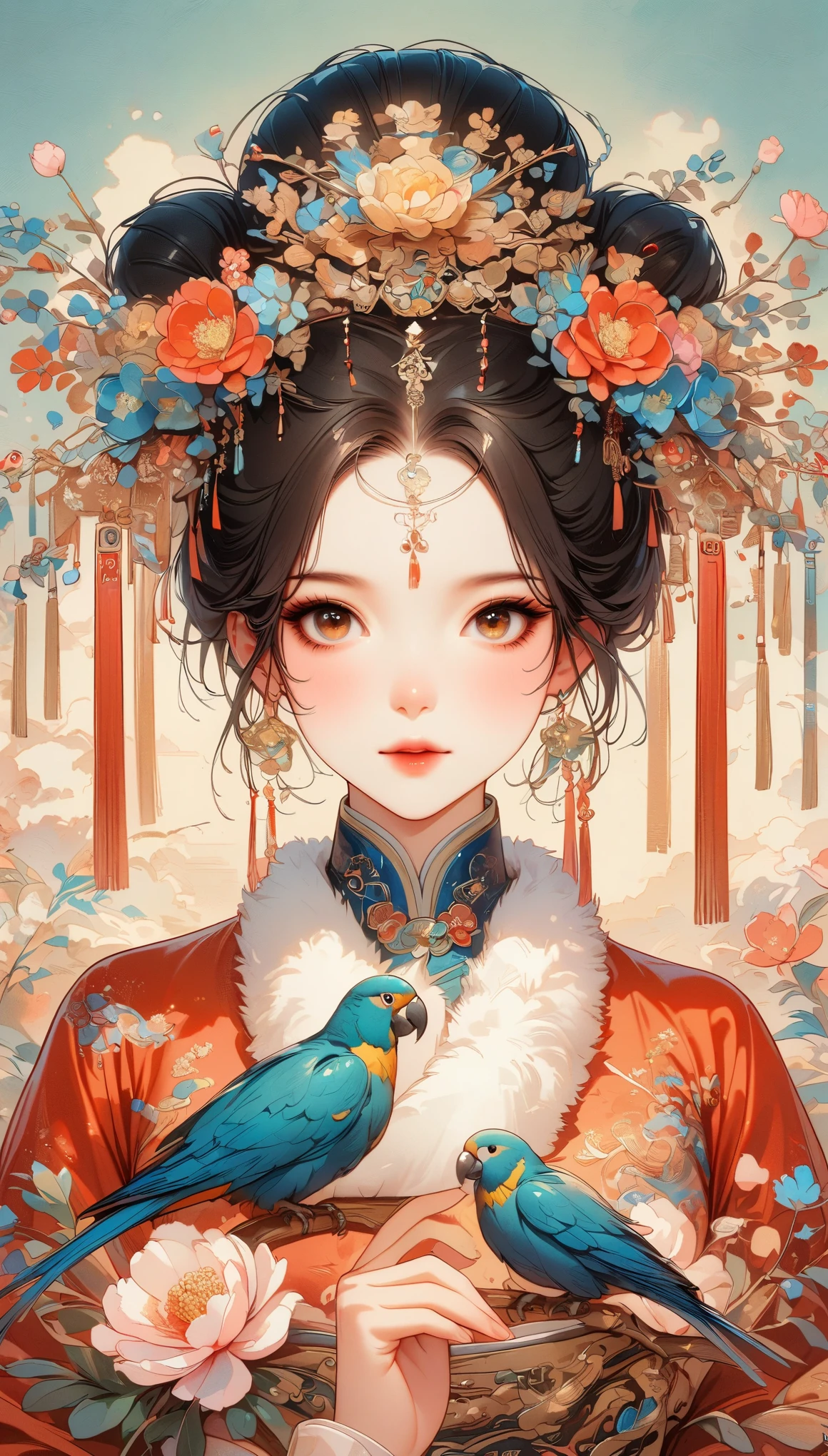Красивая молодая женщина, одетая в традиционное китайское платье.，В окружении пышных садов。Она держит на пальце попугая，Посмотри на это нежно。женщина&#39;волосы заплетены в сложный пучок，Он украшен цветами и традиционными орнаментами..。Ее платье элегантно，Изготовлен из тонкого шелка с цветочной вышивкой.。Цветы, цветущие в саду，Пионы и другие цветы образуют фон.。Сцена воплощает спокойствие и красоту китайского классического искусства.，с оттенком природы，(вид от первого лица, бросать, UHD, сетчатка, шедевр, точный, Анатомически правильный, текстурированная кожа, Супер Детализация, высокая детализация, Лучшее качество, 8К, Китайская иллюстрация，Плоская иллюстрация，Отметить штрихи，Цветные чернила на бумаге，Векторная иллюстрация)