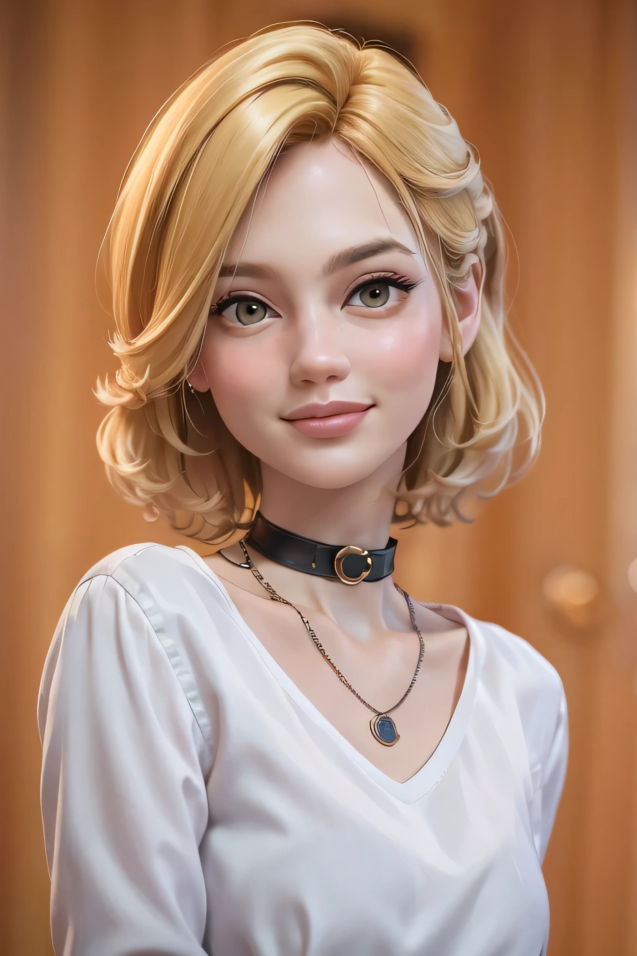 masterpiece, best quality, 3d rending work, 3DMM style, close-up, portrait, 3d, 1girl, solo, hair light yellow color, necklace, freckles, jewelry, looking to the side, realistic, upper body, simple background, bangs, looking away, short hair, lips parted, eyes light yellow color, lips, gothic, choker, makeup, soft, shirt color #FBF01C, shirt, positioned on the right of the image,  happy, smiling