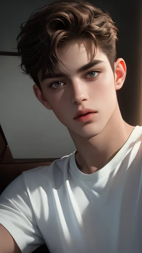 (best quality,4k,highres,masterpiece:1.2),ultra-detailed,(realistic,photorealistic,medium shot,photo-realistic:1.37),1boy about 19 years-old,lie down pose,handsome,detailed eyes,detailed lips,brown hair,cool,indifferent,bad boy,cold gaze,white T-shirt,cool...