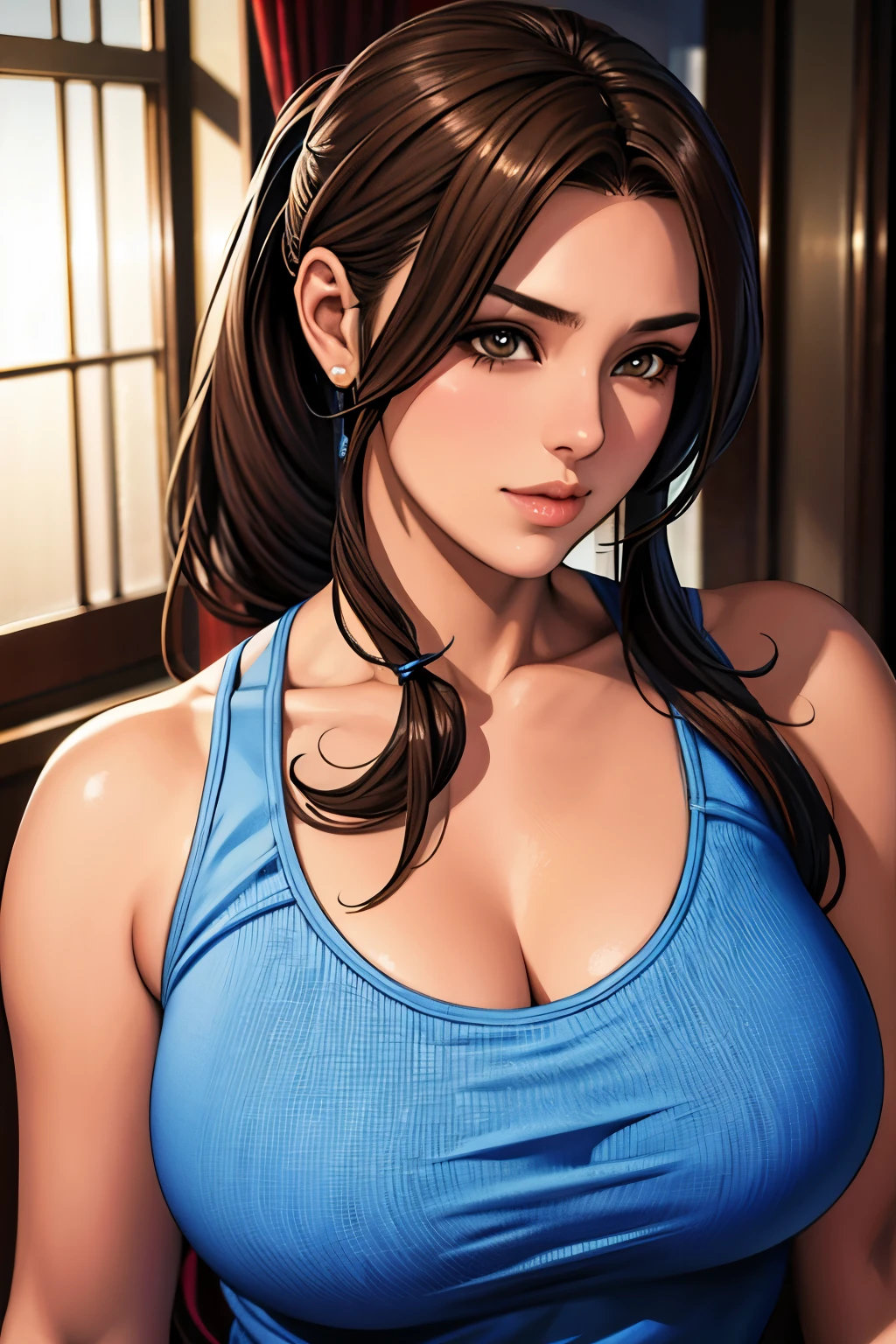 table top, 最high quality, 超A high resolution, (realistic:1.4), detailed beautiful face, fine clothes, attractive european woman, wearing a tank top, So cute, 肌が柔らかくてperfect face、perfect face, gorgeous long ponytail brown hair, 8K resolution,Super realistic,Super detailed,high quality,  wide field of view