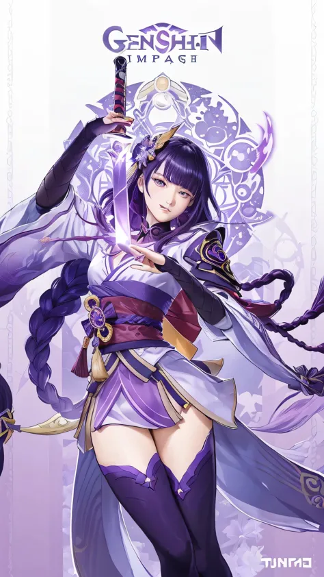 a close up of a person holding a sword in a purple background, ayaka genshin impact, zhongli from genshin impact, ayaka game gen...