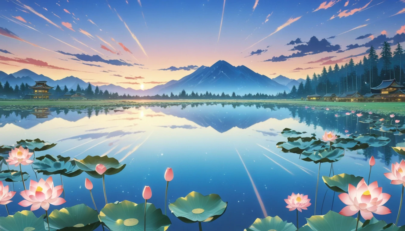 dusk landscape, sunset，pond，masterpiece, Japanese cartoons, kawaii, Lovely, Romantic, best quality, 2other, couple, Mature, aldult, height difference, different fashion, different color, Casual Wear, long sleeve, Smile, happy, like, whirlwind, blue sky, long hair man, light brown hair man, dark haired woman, dark haired woman  