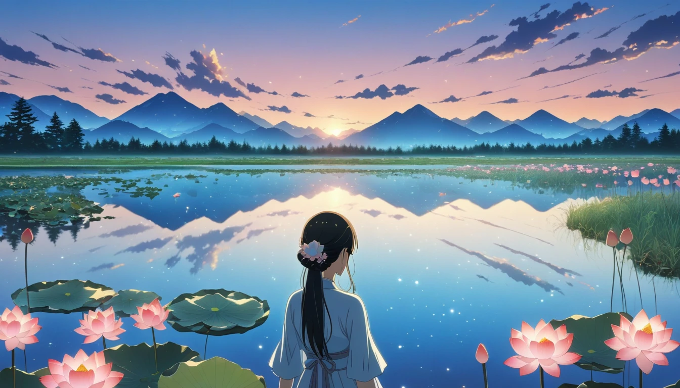 dusk landscape, sunset，pond，masterpiece, Japanese cartoons, kawaii, Lovely, Romantic, best quality, 2other, couple, Mature, aldult, height difference, different fashion, different color, Casual Wear, long sleeve, Smile, happy, like, whirlwind, blue sky, long hair man, light brown hair man, dark haired woman, dark haired woman  