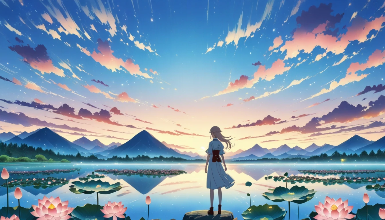 dusk landscape, sunset，pond，masterpiece, Japanese cartoons, kawaii, Lovely, Romantic, best quality, 2other, couple, Mature, aldult, height difference, different fashion, different color, Casual Wear, long sleeve, Smile, happy, like, whirlwind, blue sky, long hair man, light brown hair man, dark haired woman, dark haired woman  