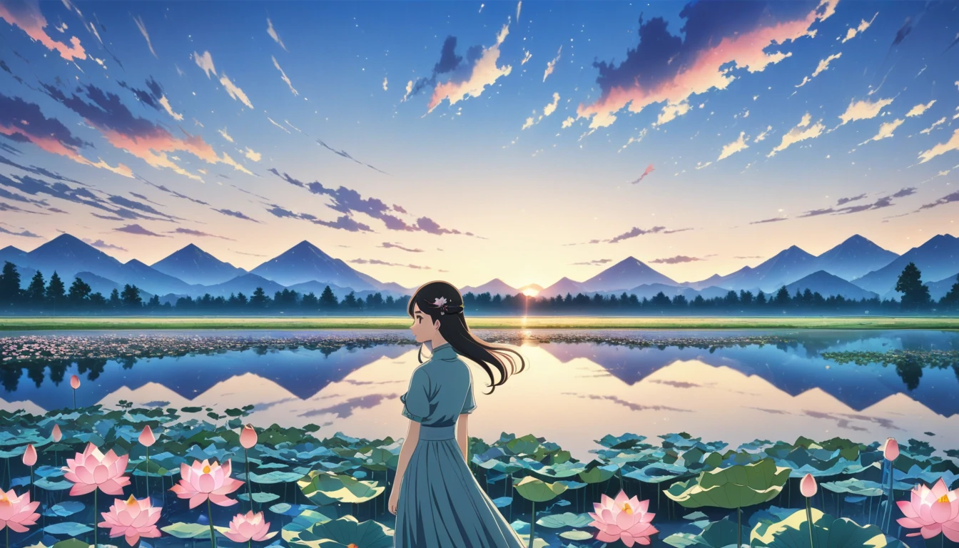 dusk landscape, sunset，pond，masterpiece, Japanese cartoons, kawaii, Lovely, Romantic, best quality, 2other, couple, Mature, aldult, height difference, different fashion, different color, Casual Wear, long sleeve, Smile, happy, like, whirlwind, blue sky, long hair man, light brown hair man, dark haired woman, dark haired woman  