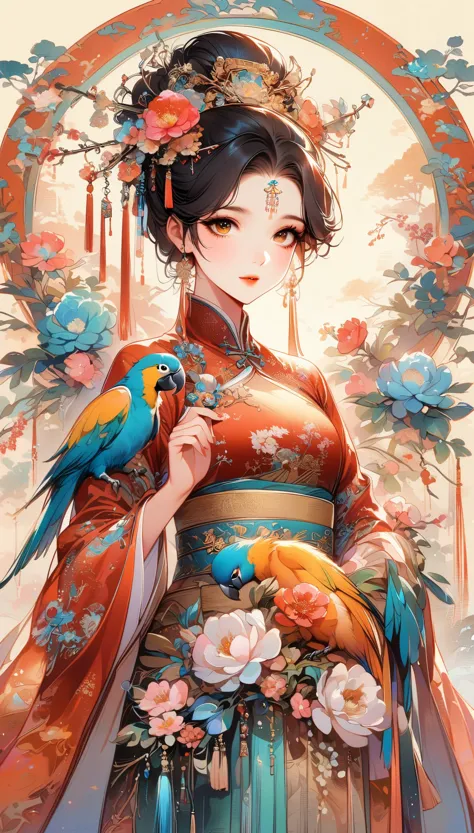 a beautiful young woman in traditional chinese attire, surrounded by a lush garden. she is holding a parrot on her finger, gazin...