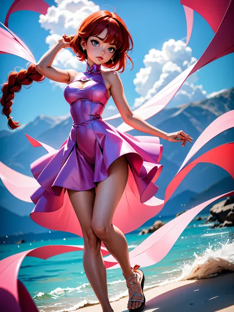 Garota anime ruiva com vestido longo pink e purple de casamento com corselet, saia, 16 anos, corpo bonito, seios grandes, with h...