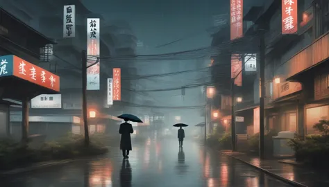 a detective was walking in the middle of the night, it was raining very hard, across the street there was a japanese woman carry...