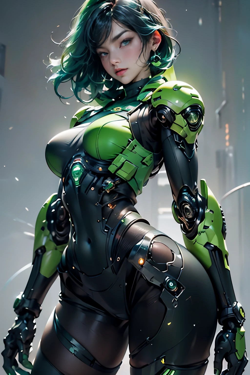 samus aran, simple background,colorfull green and blue,black hair,cyberpunk ,thick thigs,thick,ample bosom,front pose,looking in camera ,front pose