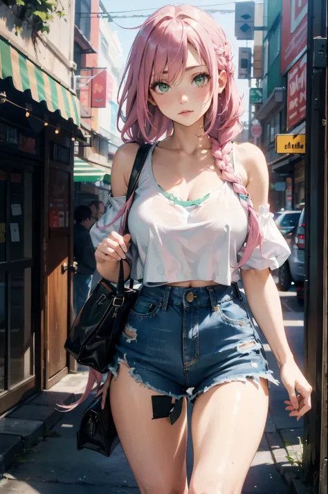 （（best quality，8K，masterpiece：1.4））， pink hair，Long braid on one side， Exterior，（ Bare lower chest，Plain white off-the-shoulder ...