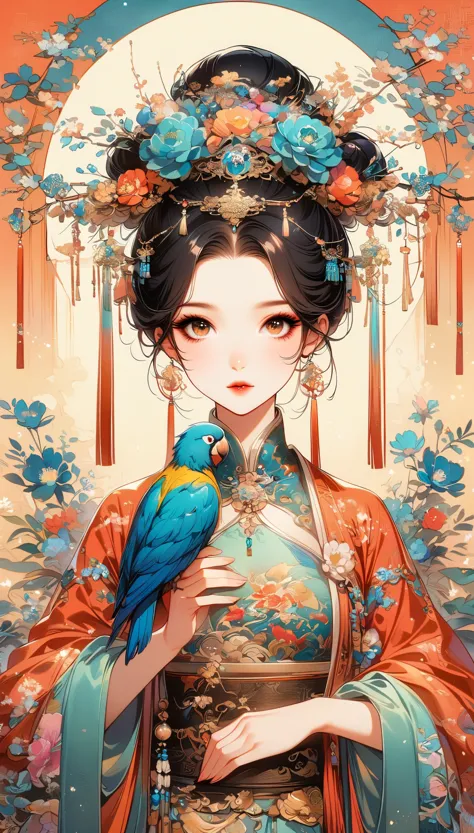 a beautiful young woman in traditional chinese attire, surrounded by a lush garden. she is holding a parrot on her finger, gazin...