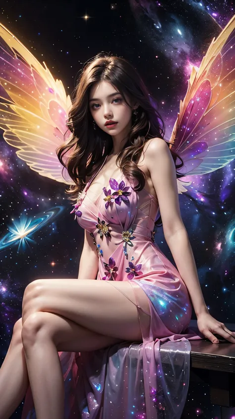 4k ultra hd, masterpiece, a girl, good face, detailed eyes, detailed lips, flower fairy girl, big wings, transparent wings, neon...