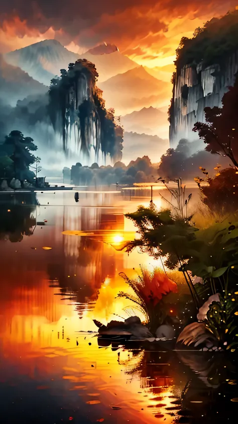 (8k, highres, masterpiece:1.2), ultra-detailed, realistic:1.37, evening pond, calm water, golden sunset, tranquil atmosphere, ge...