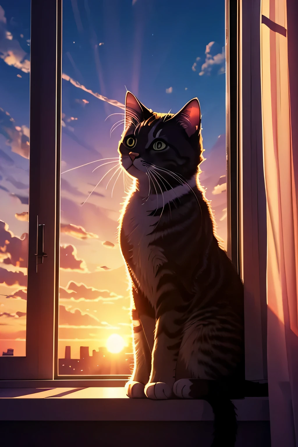 gatito sentado en la ventana, atardecer, Luz voluminosa, Alto detalle, dibujo magistral, estilo ciberpank