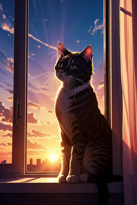 kitty sitting on the window, sunset, voluminous light, high detail, masterful drawing, cyberpank style