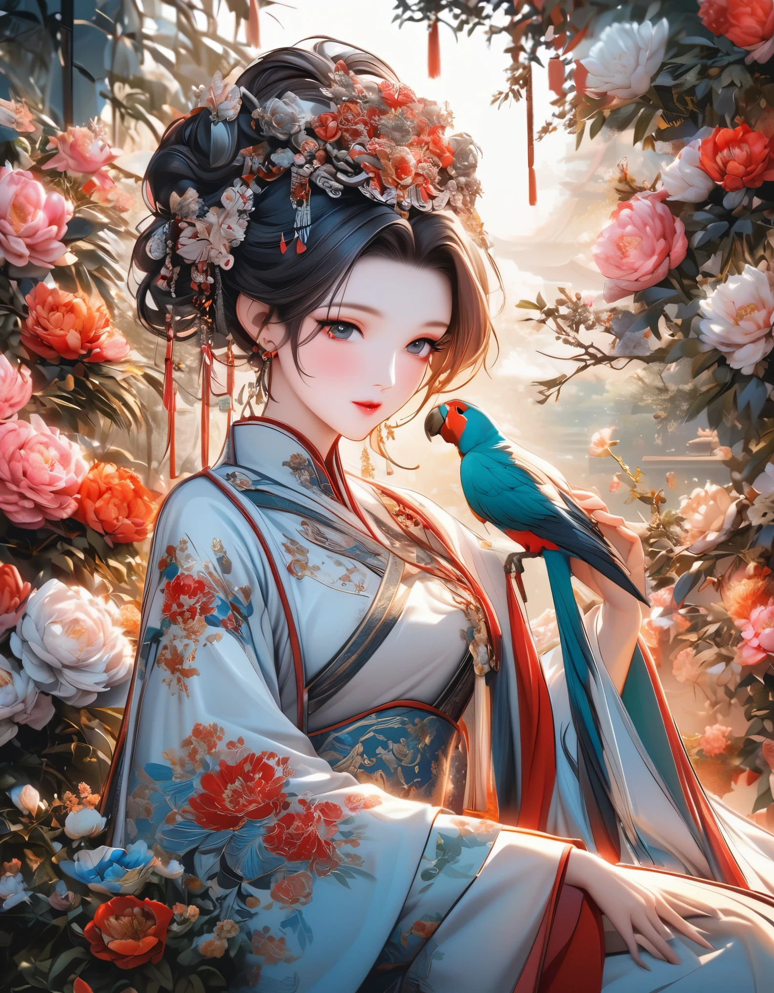 A beautiful young woman in traditional Chinese attire, surrounded by a lush garden. She is holding a parrot on her finger, gazing at it with gentle eyes. The woman's hair is styled in an elaborate updo adorned with flowers and traditional ornaments. Her dress is elegant, featuring fine silk with floral embroidery. The garden is in full bloom, with peonies and other flowers providing a backdrop. The scene captures the serenity and beauty of classical Chinese art, with a touch of nature harmony, (((Ultra-high saturation, high natural saturation, extremely bright colors)))