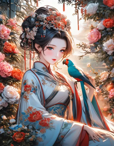 A beautiful young woman in traditional Chinese attire, surrounded by a lush garden. She is holding a parrot on her finger, gazin...