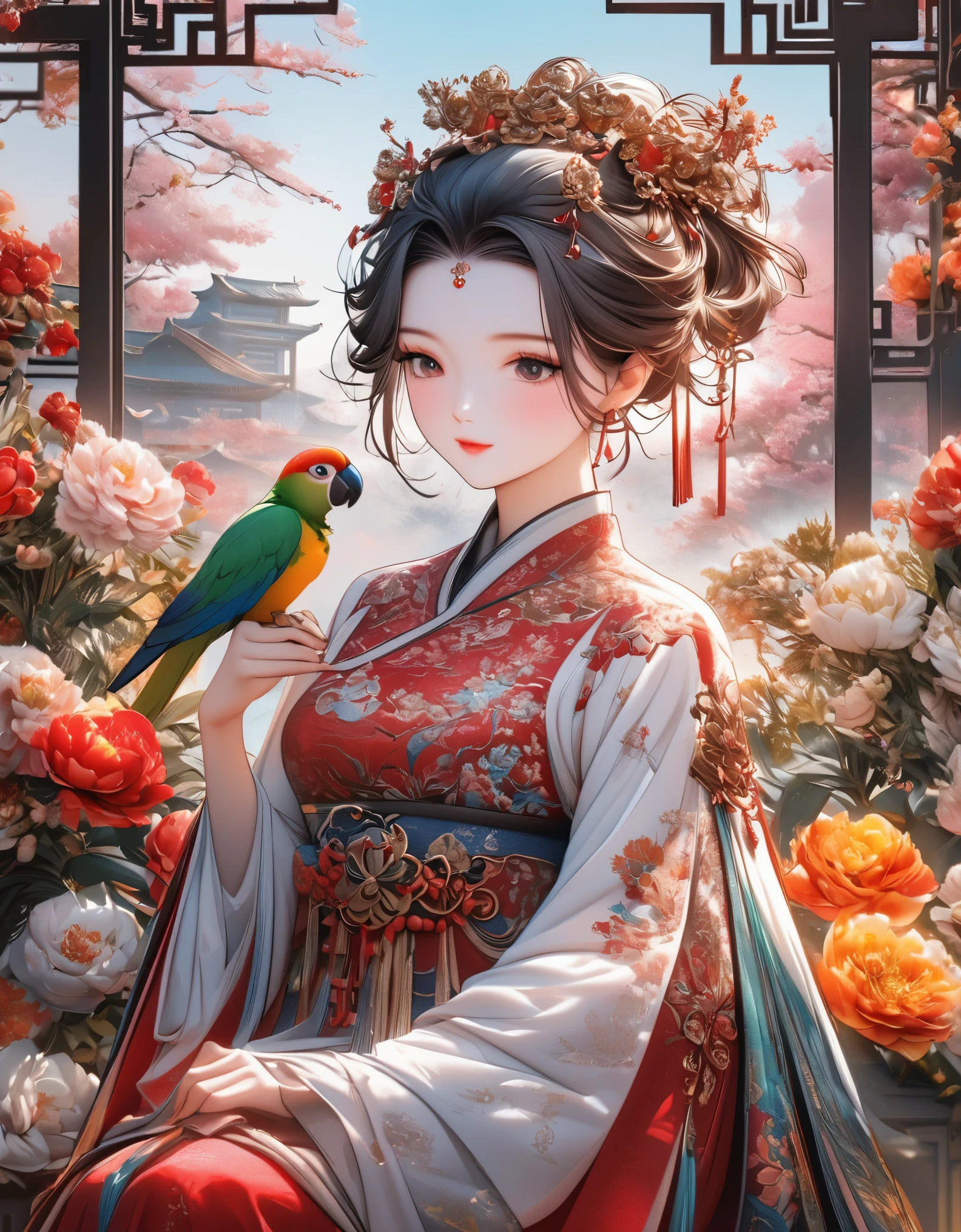 A beautiful young woman in traditional Chinese attire, surrounded by a lush garden. She is holding a parrot on her finger, gazing at it with gentle eyes. The woman's hair is styled in an elaborate updo adorned with flowers and traditional ornaments. Her dress is elegant, featuring fine silk with floral embroidery. The garden is in full bloom, with peonies and other flowers providing a backdrop. The scene captures the serenity and beauty of classical Chinese art, with a touch of nature harmony, (((Ultra-high saturation, high natural saturation, extremely bright colors)))