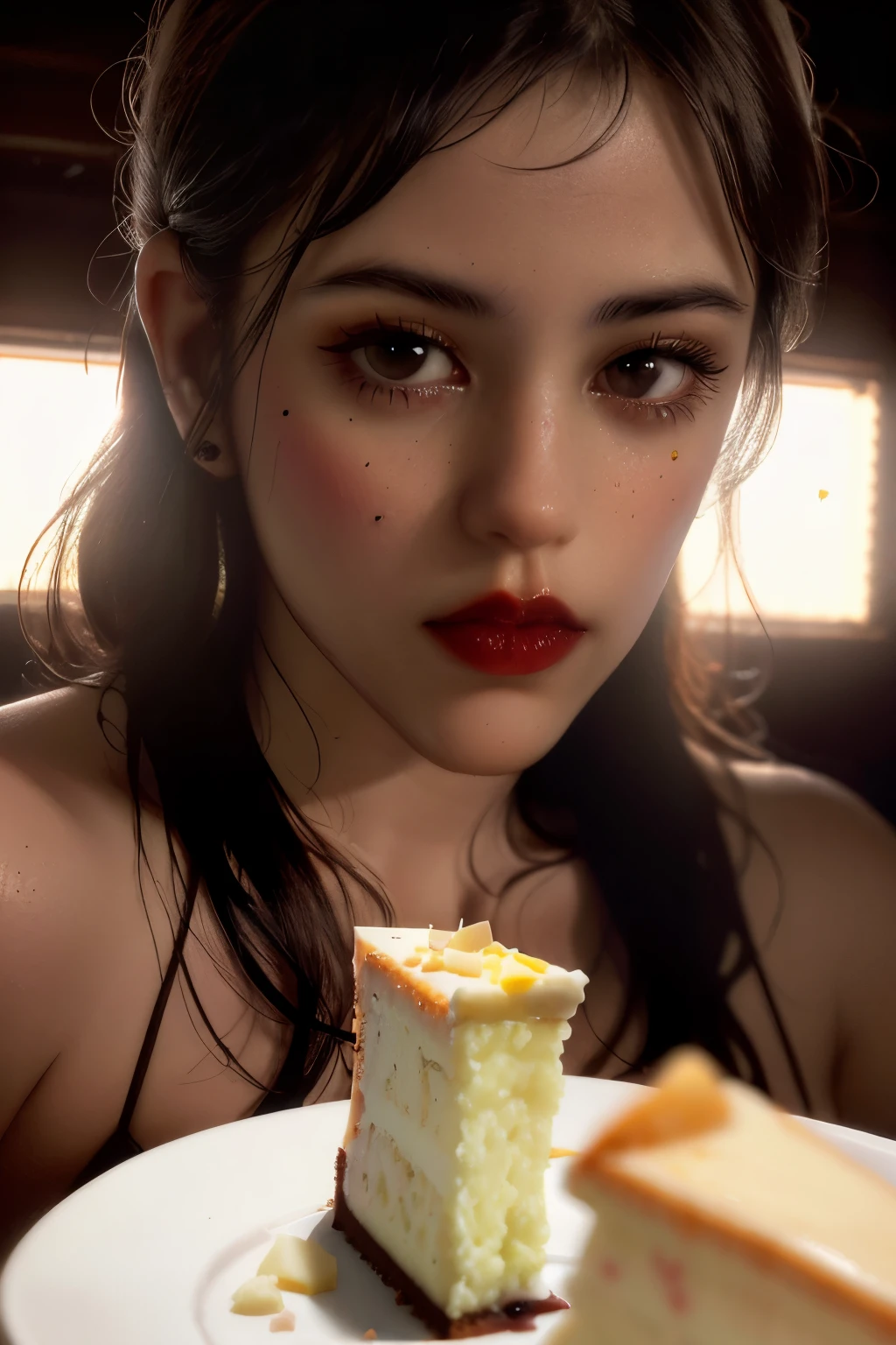 Photorealistic Appetizing slice of cherry cheesecake with chocolate, delicious, fragrant, close-up, highly detailed, intricate detail, raw photo, lifelike rendering, immersive atmosphere, chiaroscuro, moody lighting, jortega ((covered in cheese cake))
