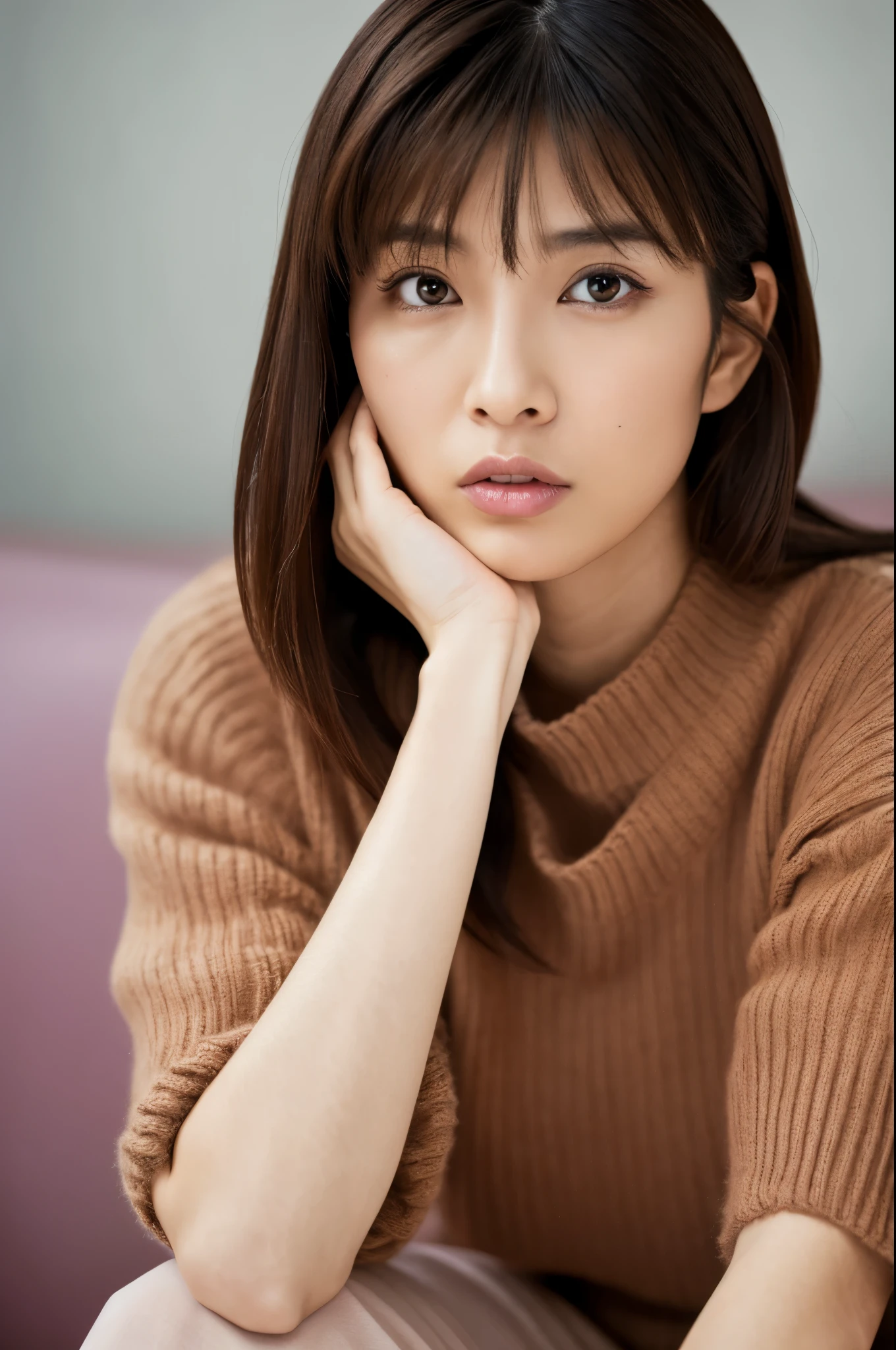 highest quality, masterpiece, High resolution, Photoreal, Raw photo, 8k wallpaper, perfection, professional lighting, very detailed, Depth of bounds written, ((Japan female in her 30s)), Slender, sexy, detailed face, beautiful eyes, bangs, straight hair, faint lips, ((look at the viewer, serious face)), knit dress、sitting on the sofa,