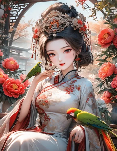 A beautiful young woman in traditional Chinese attire, surrounded by a lush garden. She is holding a parrot on her finger, gazin...