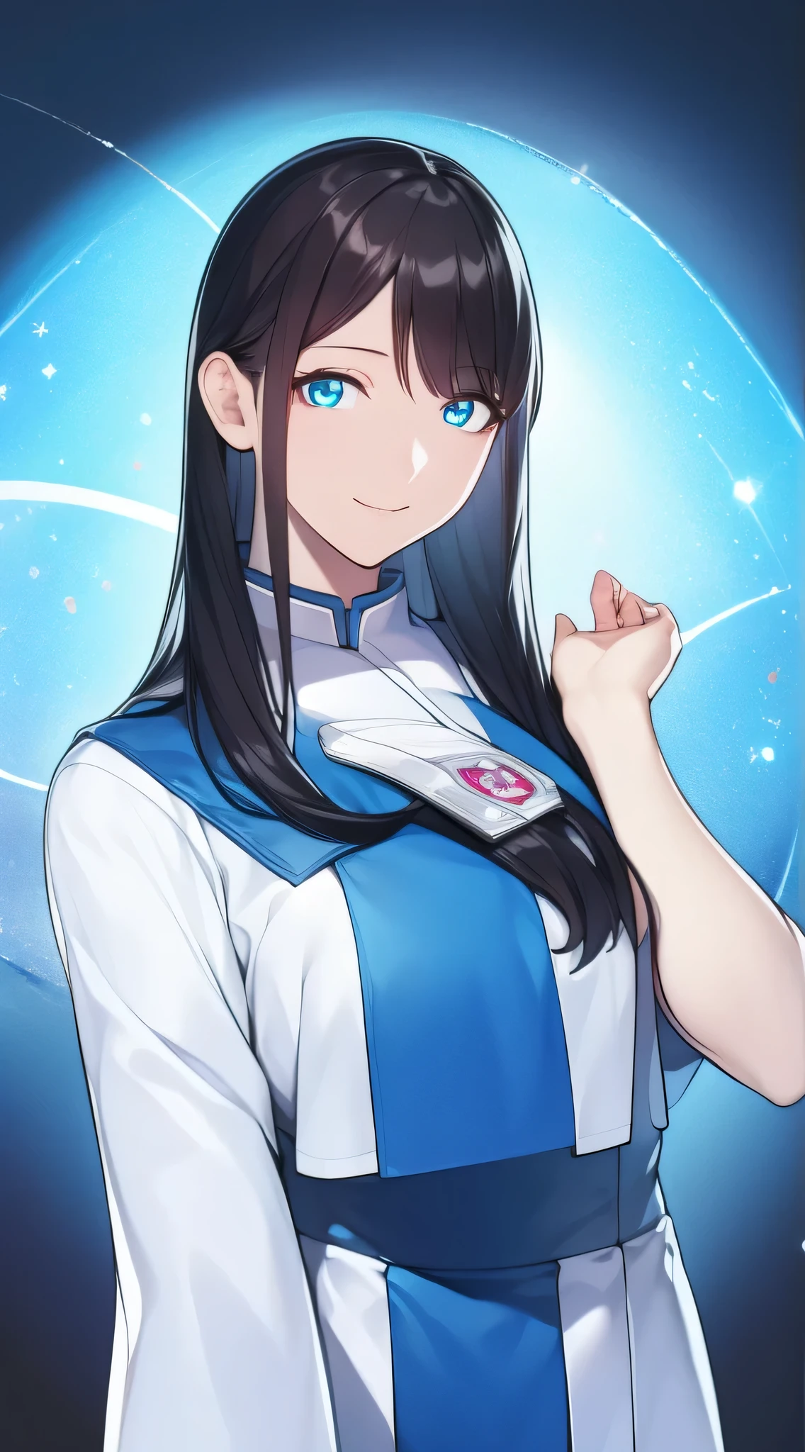 sumire, long hair, black hair, cyan eyes, medium breast, white uniform, standing, visual novel cg style, seductive smile, BREAK looking at viewer, BREAK (masterpiece:1.2), best quality, high resolution, unity' 8k wallpaper, (illustration:0.8), (beautiful detailed eyes:1.6), extremely detailed face, perfect lighting, extremely detailed CG, (perfect hands, perfect anatomy)