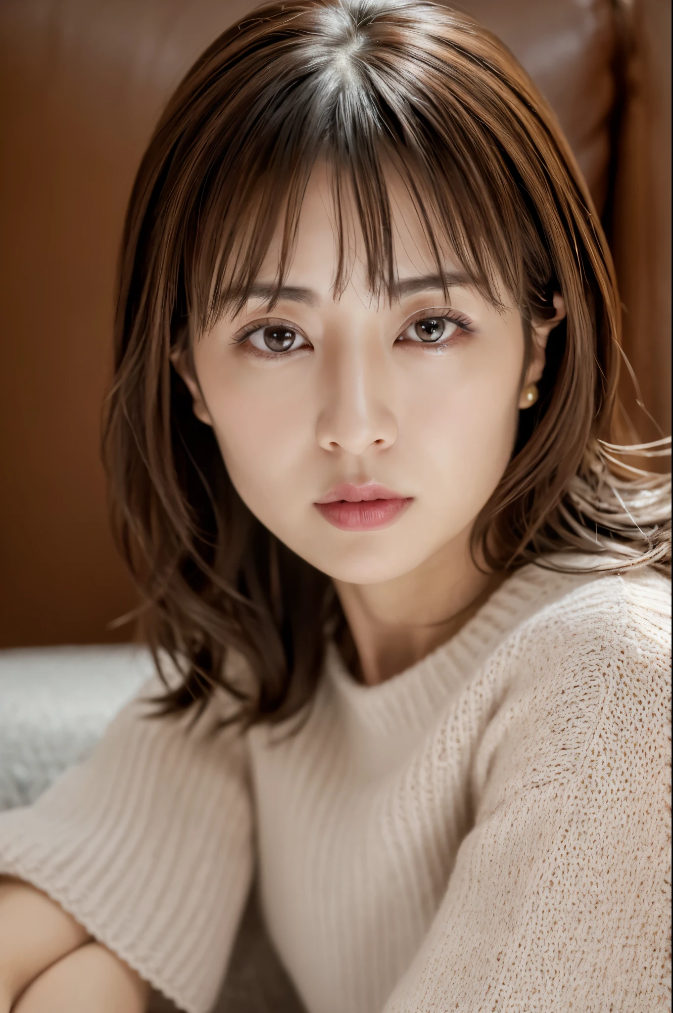 highest quality, masterpiece, High resolution, Photoreal, Raw photo, 8k wallpaper, perfection, professional lighting, very detailed, Depth of bounds written, ((Japan female in her 30s)), Slender, sexy, detailed face, beautiful eyes, bangs, straight hair, faint lips, ((look at the viewer, serious face)), knit dress、sitting on the sofa,