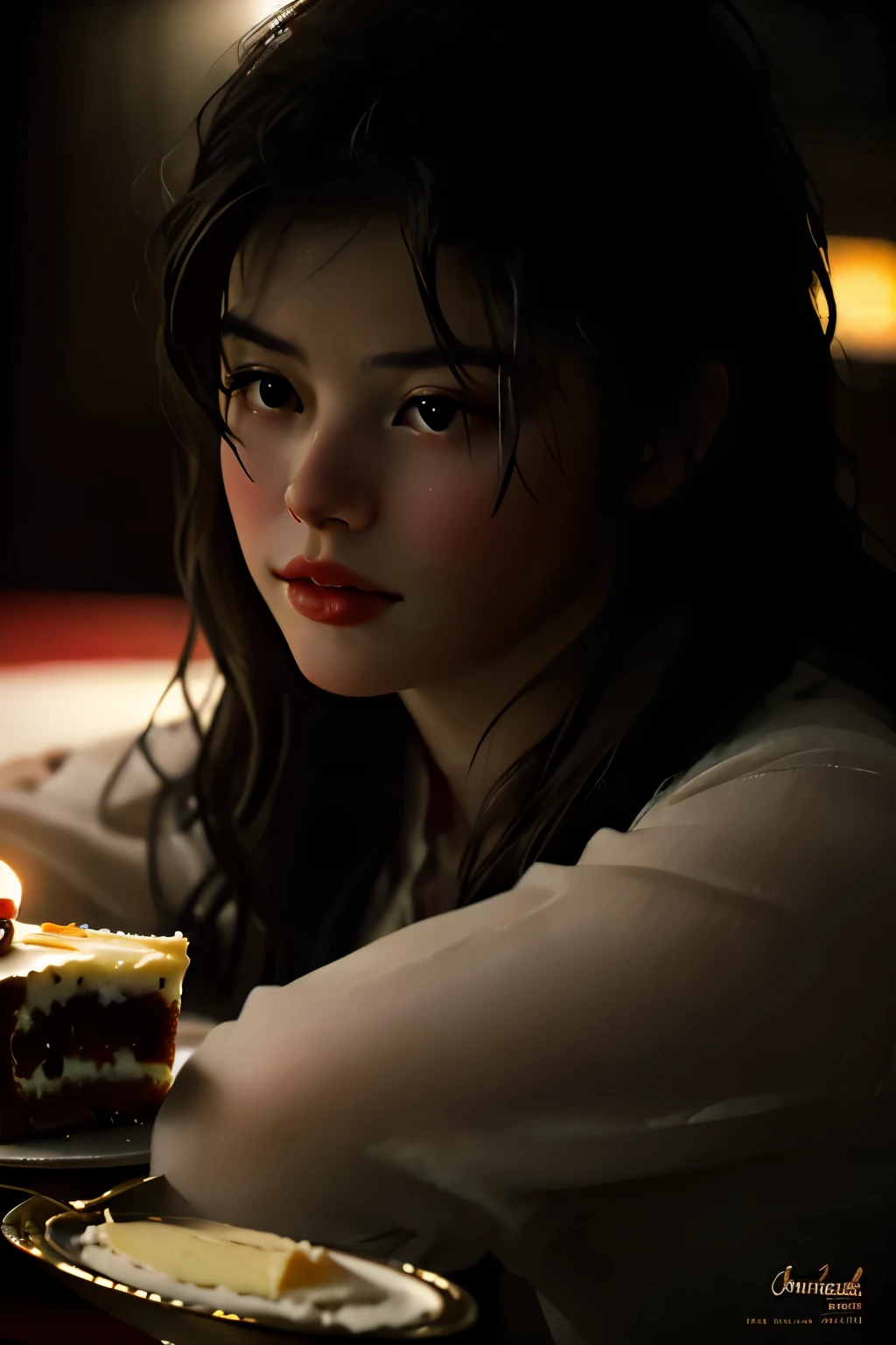 Photorealistic Appetizing slice of cherry cheesecake with chocolate, delicious, fragrant, close-up, highly detailed, intricate detail, raw photo, lifelike rendering, immersive atmosphere, chiaroscuro, moody lighting, miranda cosgrove ((covered in cheese cake))