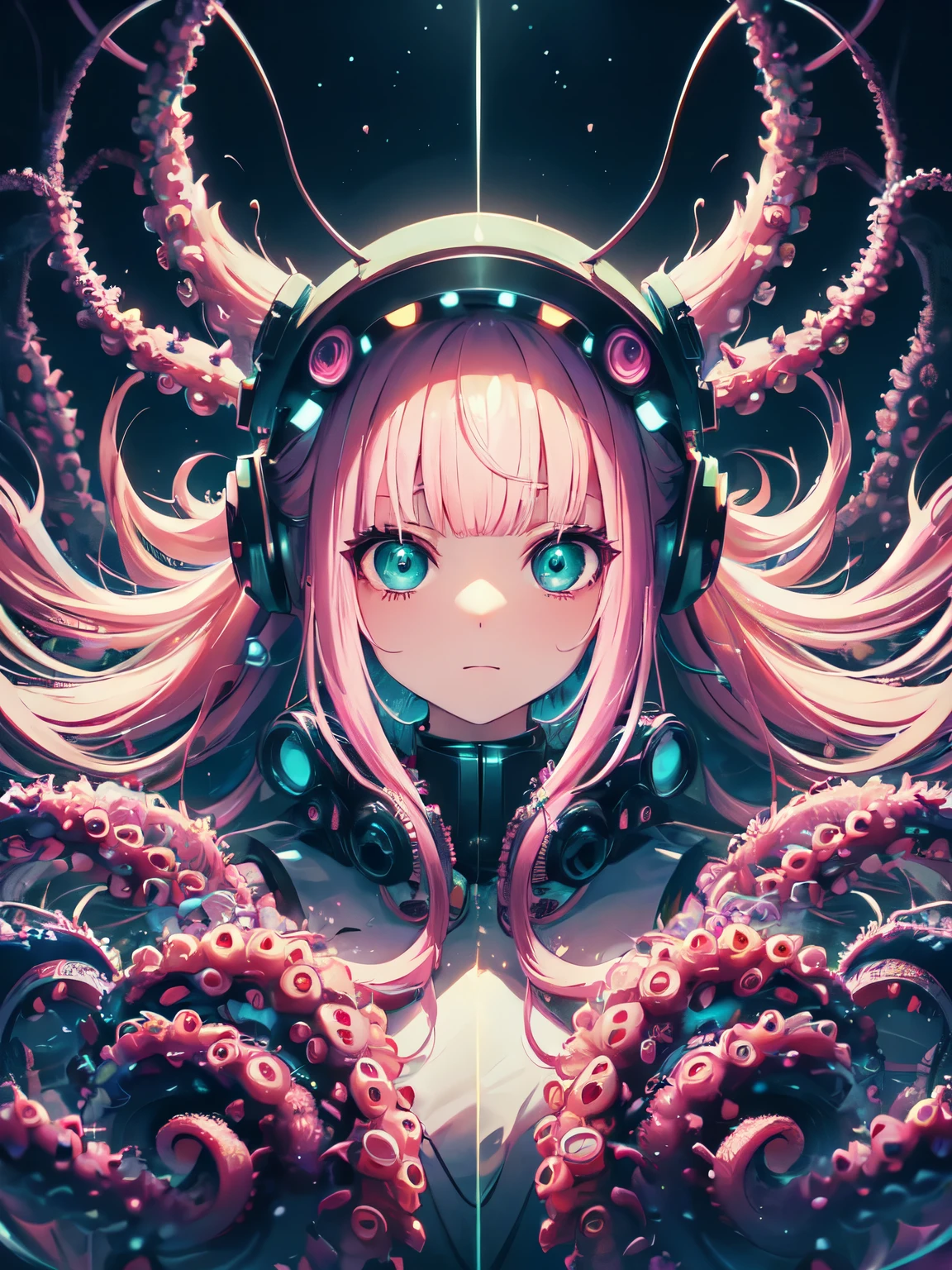 headphones🎧、pink hair、twin tails、blunt bangs、white hood、(high quality), (masterpiece), (be familiar with), 8K, surreal depiction of the future (1 girl 1.2), Japanese character entangled in cybernetic octopus tentacles、A dynamic fusion of organic and technical elements is captured in this visually stunning composition Green Eye、