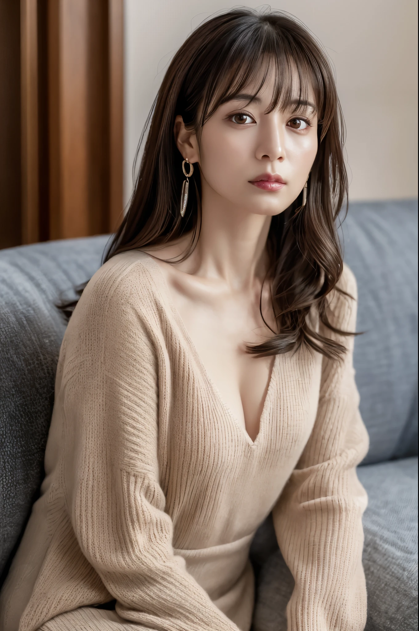 highest quality, masterpiece, High resolution, Photoreal, Raw photo, 8k wallpaper, perfection, professional lighting, very detailed, Depth of bounds written, ((Japan female in her 30s)), Slender, sexy, detailed face, beautiful eyes, bangs, straight hair, faint lips, ((look at the viewer, serious face)), knit dress, sitting on the sofa,