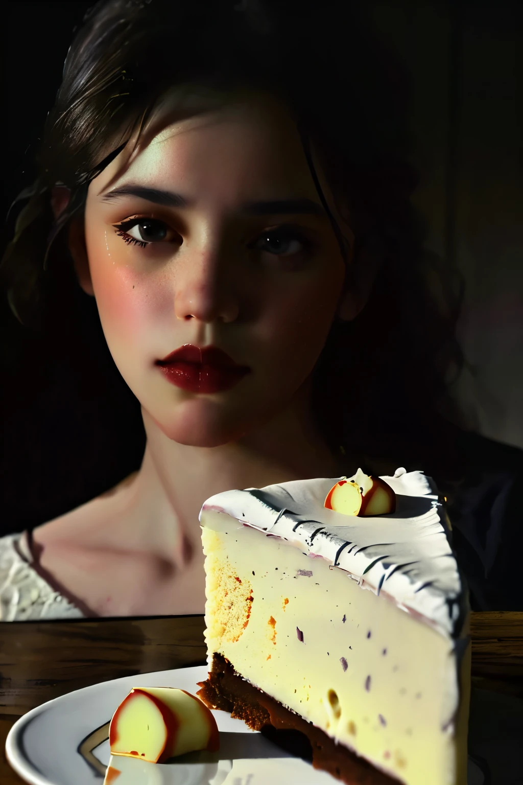 Photorealistic Appetizing slice of cherry cheesecake with chocolate, delicious, fragrant, close-up, highly detailed, intricate detail, raw photo, lifelike rendering, immersive atmosphere, chiaroscuro, moody lighting, jortega ((covered in cheese cake))