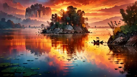 (8k, high resolution, masterpiece:1.2), super detailed, actual:1.37, pond in evening, calm water, golden sunset, peaceful atmosp...