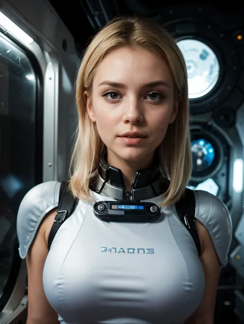 photo of a blonde lean fit 20yo woman, in space, futuristic space suit, cute face, sci-fi, dystopian, detailed eyes, blue eyes, ...