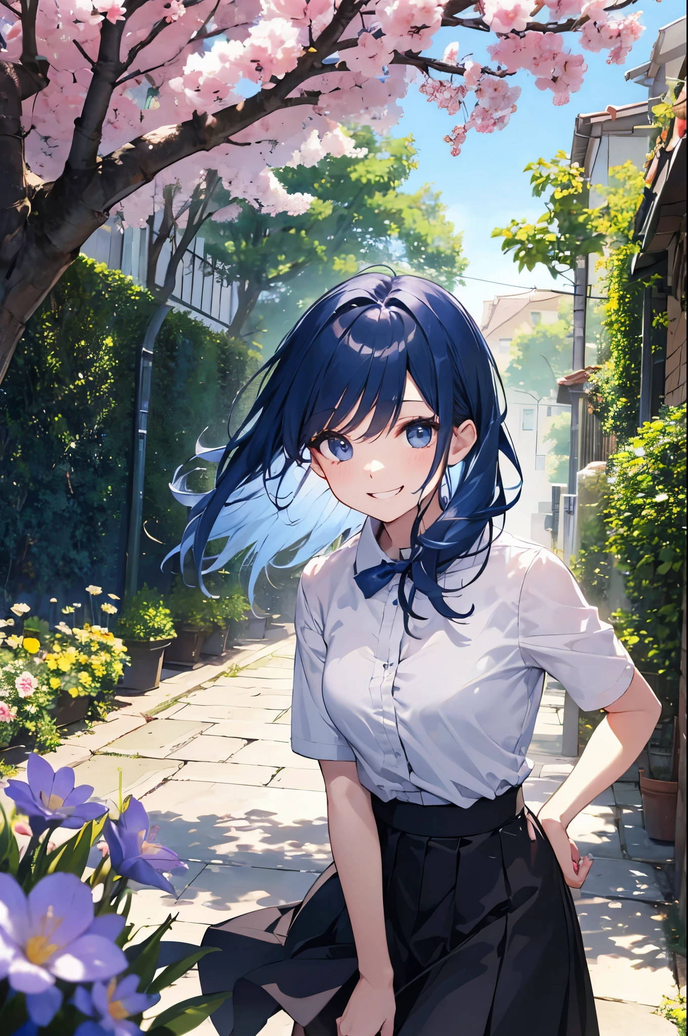 （Pretty sister:1.3）、long eyelashes、happy face,spring atmosphere、evening、aggressive、hot、((strong wind))、black skirt、shining eyes、Y-shirt、garden、blue hair