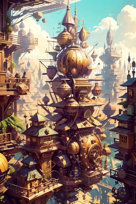 masterpiece, ultra-detailed, best quality, floating city, cog, air balloon,