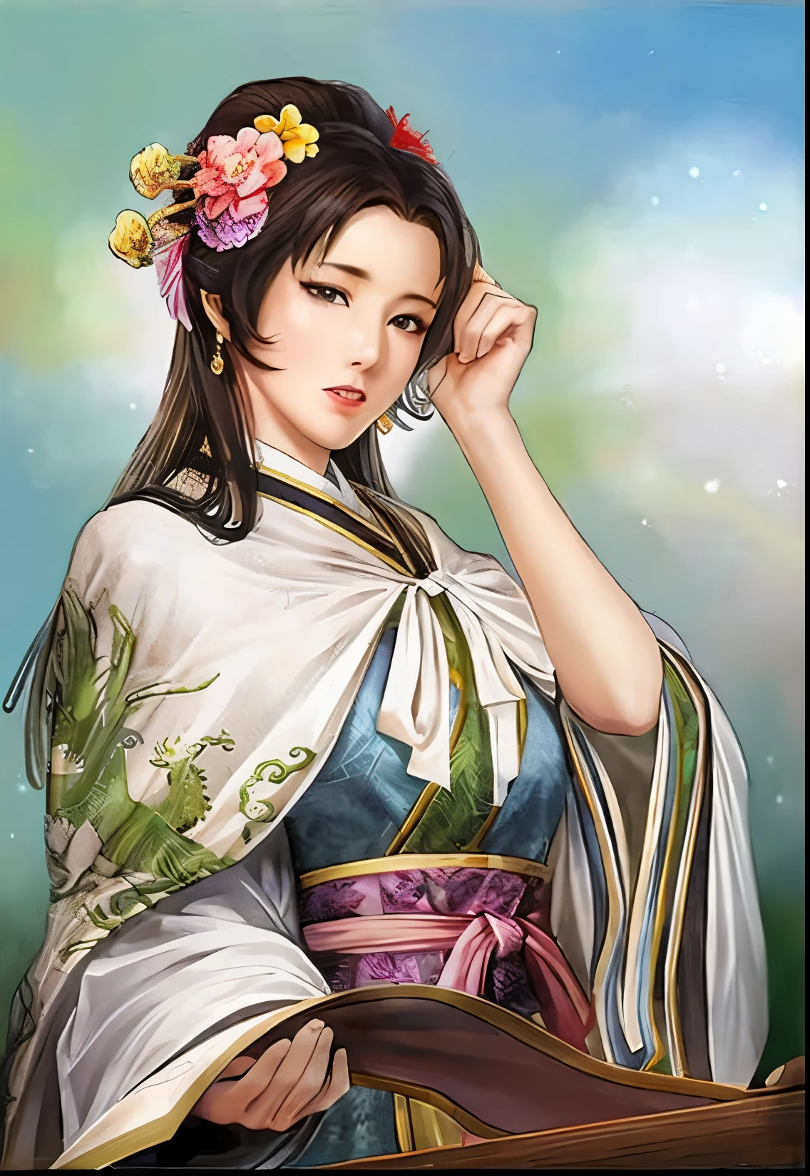 Woman in kimono holding fan looking at camera, beautiful figure painting, beautiful fantasy queen, ((beautiful fantasy queen)), chinese princess, palace ， A girl wearing Hanfu, author：Yang Jie, japanese goddess, Beautiful charming anime woman, Inspired by Du Qiong, Inspired by Lan Ying, Chinese beauty