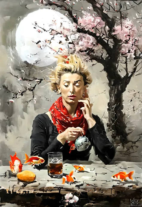 oil painting, ((portrait of a blonde woman2,0)) with a nest with eggs and a goldfish on his head, ((the wind blows your hair1,7)...