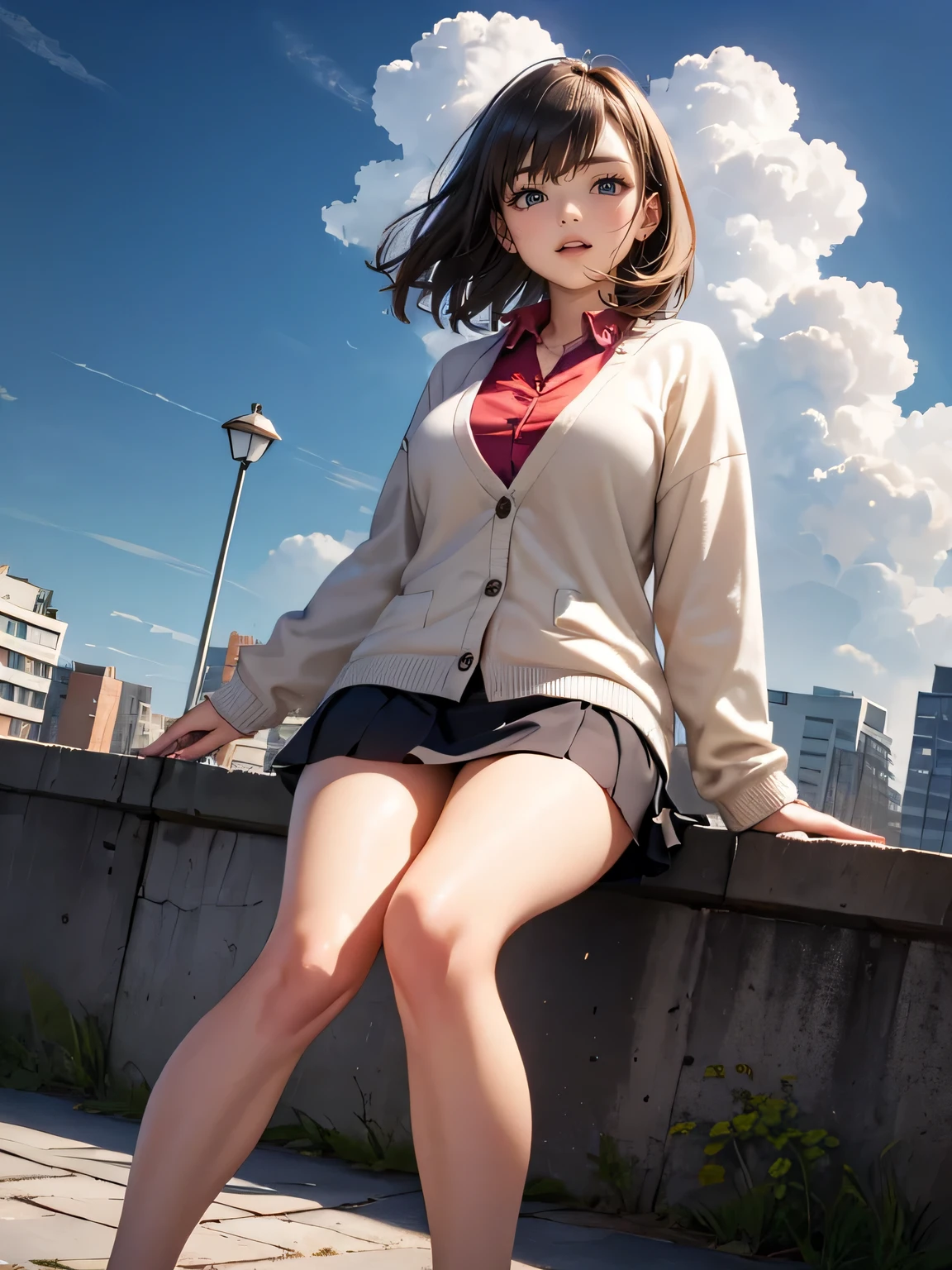 clear, high-definition image, drooping eyes, a receptionist woman, eyes realistic sizing, cardigan, the wind brows up her miniskirt, windy, legs, big sky, ground, dark hour of down, whole body image, angle from below, posing, sitting stone bollard, lick gelato, cream on the nose, along the river, buildings,