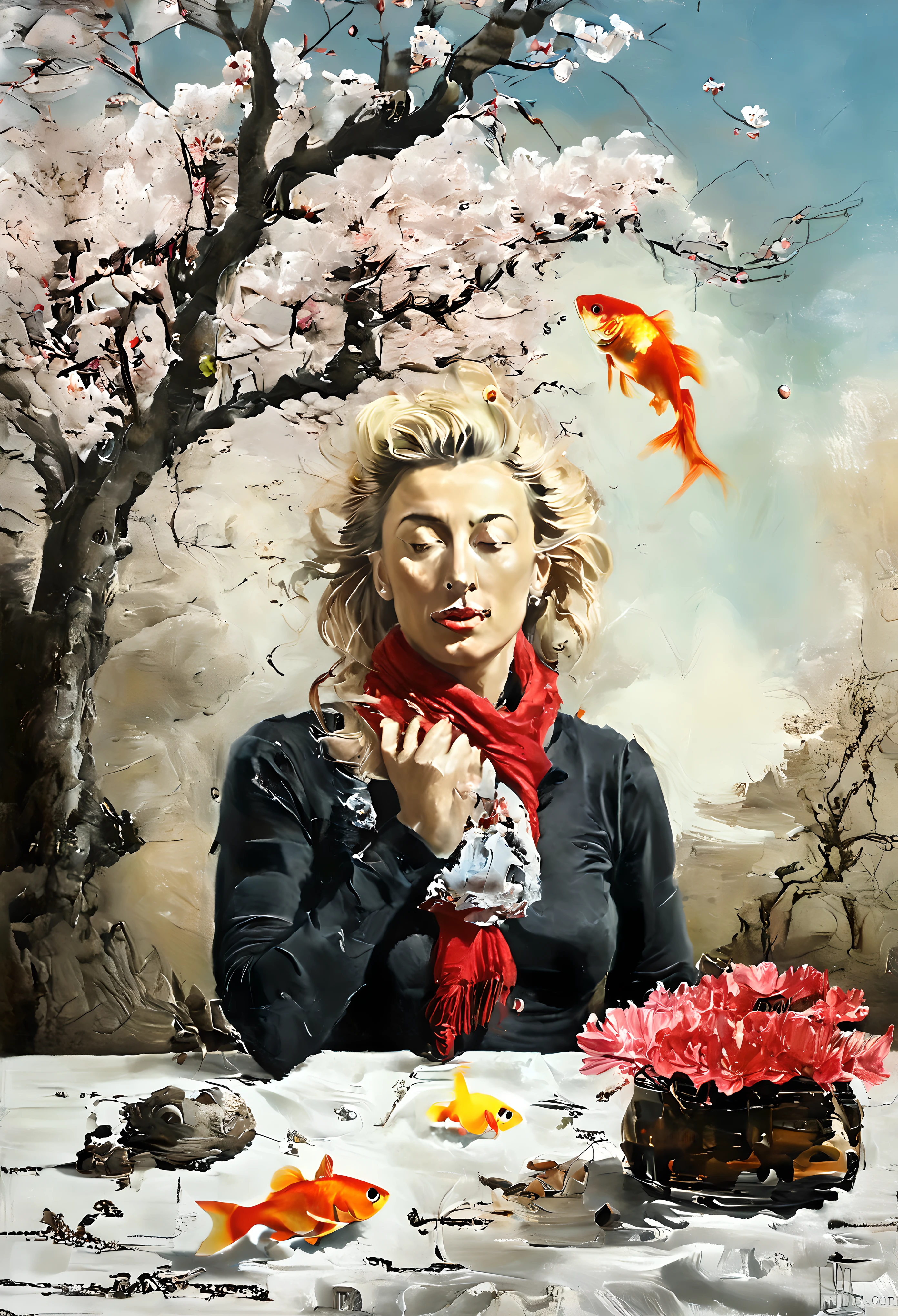 oil painting, ((portrait of a blonde woman2,0)) with a nest with eggs and a goldfish on his head, ((the wind blows your hair1,7)), ((goldfish in the air)), magic carp, glass of whiskey on the table, cherry blossom branches, (red scarf around the neck), magical realism, whimsical art;, Highly conceptual figurative art, Surrealist and fantasy art, эмоциональное Surreal art, Surrealist conceptual art, Surreal painting, hyperrealistic surrealism, Salvador Dali, Elisa Anfuso, Surreal art, whimsical surrealism, surreal digital artwork, fantasy art realistic painting, fabulous surrealism