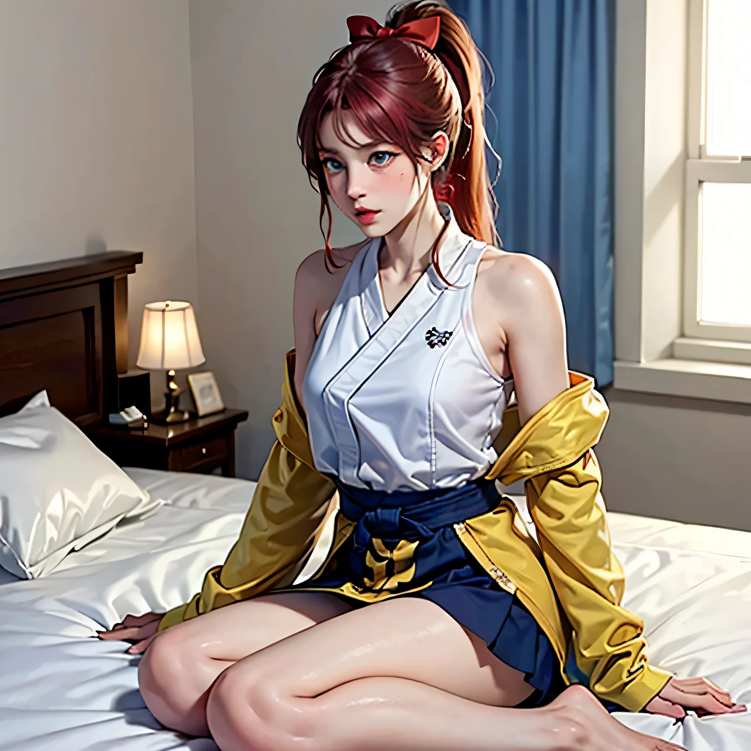 masterpiece, Super high quality CG, highest quality, perfect picture, alone, Lydia Sobieska (Iron fist, Blonde hair with high ponytail, blue eyes, Red Hair Bow, strong), wearing a sexy karate uniform, sitting on the bed, turn to the side, blush, Showing shoulders, in a european mansion