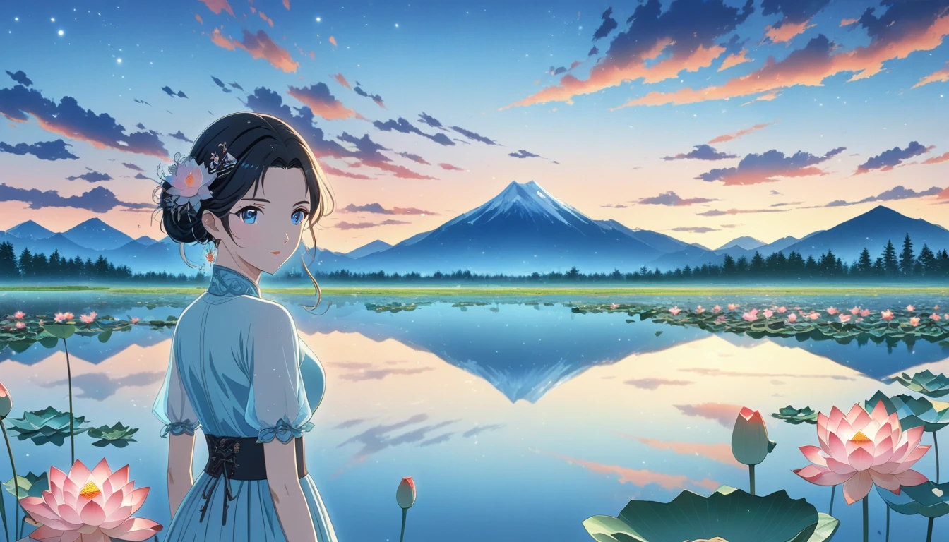 dusk landscape, sunset，pond，masterpiece, Japanese cartoons, kawaii, Lovely, Romantic, best quality, 2other, couple, Mature, aldult, height difference, different fashion, different color, Casual Wear, long sleeve, Smile, happy, like, whirlwind, blue sky, long hair man, light brown hair man, dark haired woman, dark haired woman  