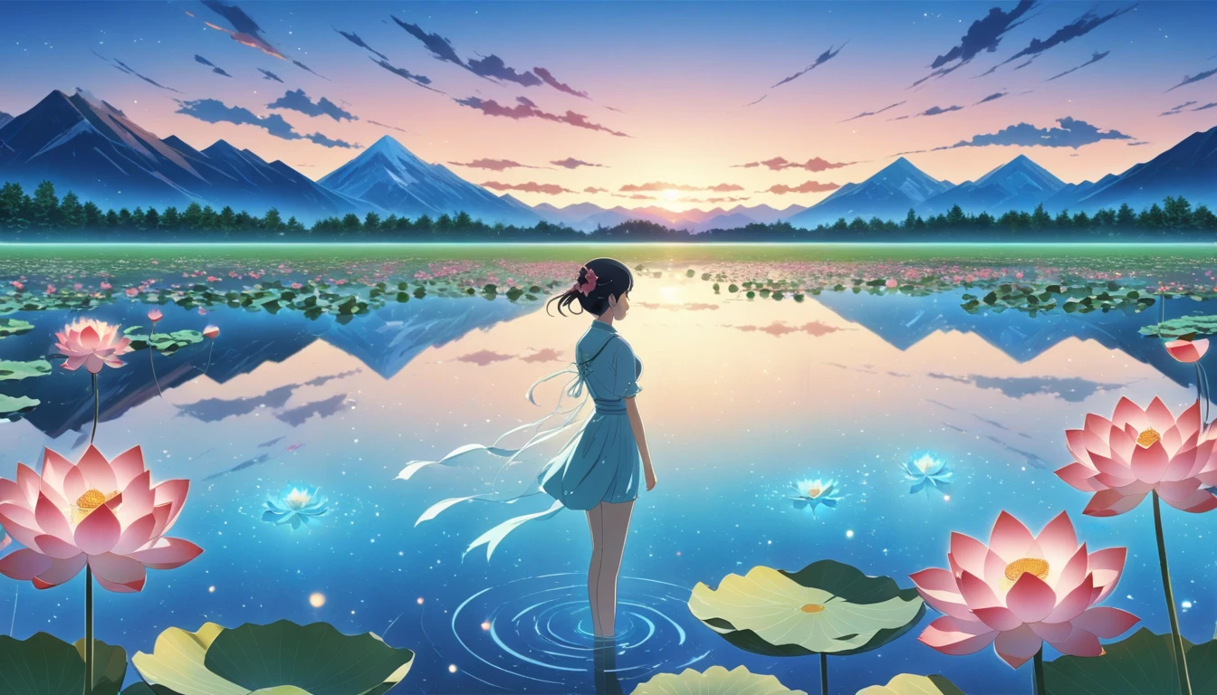 dusk landscape, sunset，pond，masterpiece, Japanese cartoons, kawaii, Lovely, Romantic, best quality, 2other, couple, Mature, aldult, height difference, different fashion, different color, Casual Wear, long sleeve, Smile, happy, like, whirlwind, blue sky, long hair man, light brown hair man, dark haired woman, dark haired woman  