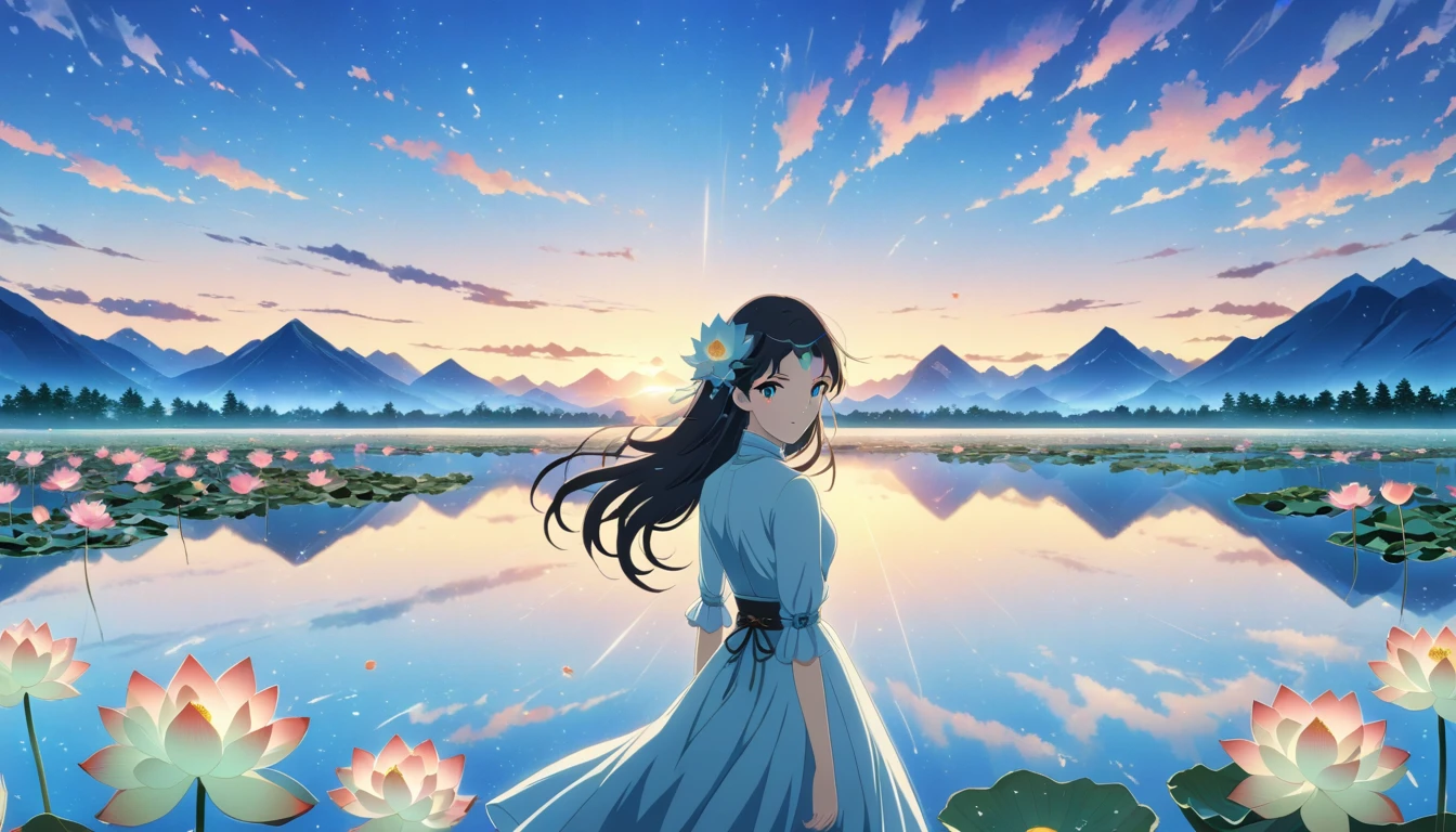 dusk landscape, sunset，pond，masterpiece, Japanese cartoons, kawaii, Lovely, Romantic, best quality, 2other, couple, Mature, aldult, height difference, different fashion, different color, Casual Wear, long sleeve, Smile, happy, like, whirlwind, blue sky, long hair man, light brown hair man, dark haired woman, dark haired woman  