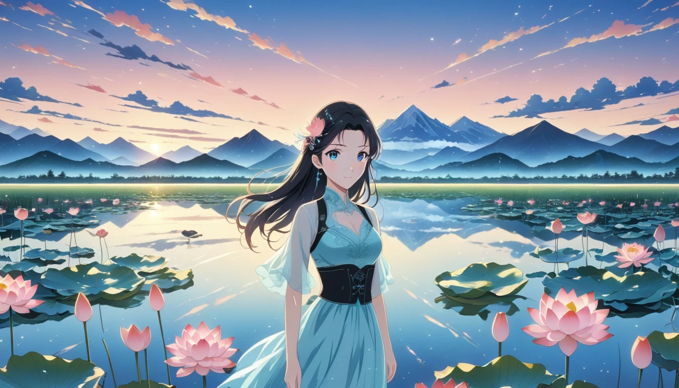 dusk landscape, sunset，pond，masterpiece, Japanese cartoons, kawaii, Lovely, Romantic, best quality, 2other, couple, Mature, aldult, height difference, different fashion, different color, Casual Wear, long sleeve, Smile, happy, like, whirlwind, blue sky, long hair man, light brown hair man, dark haired woman, dark haired woman  