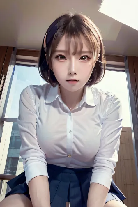 1 girl, beautiful, cute, professional lighting, highest quality,well-groomed face,(school uniform,:1.5), beautiful,short hair,(l...