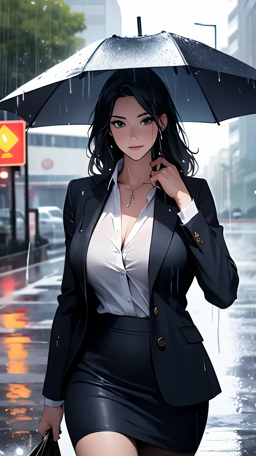 Anime girl in a black skirt and jacket holding an umbrella - SeaArt AI